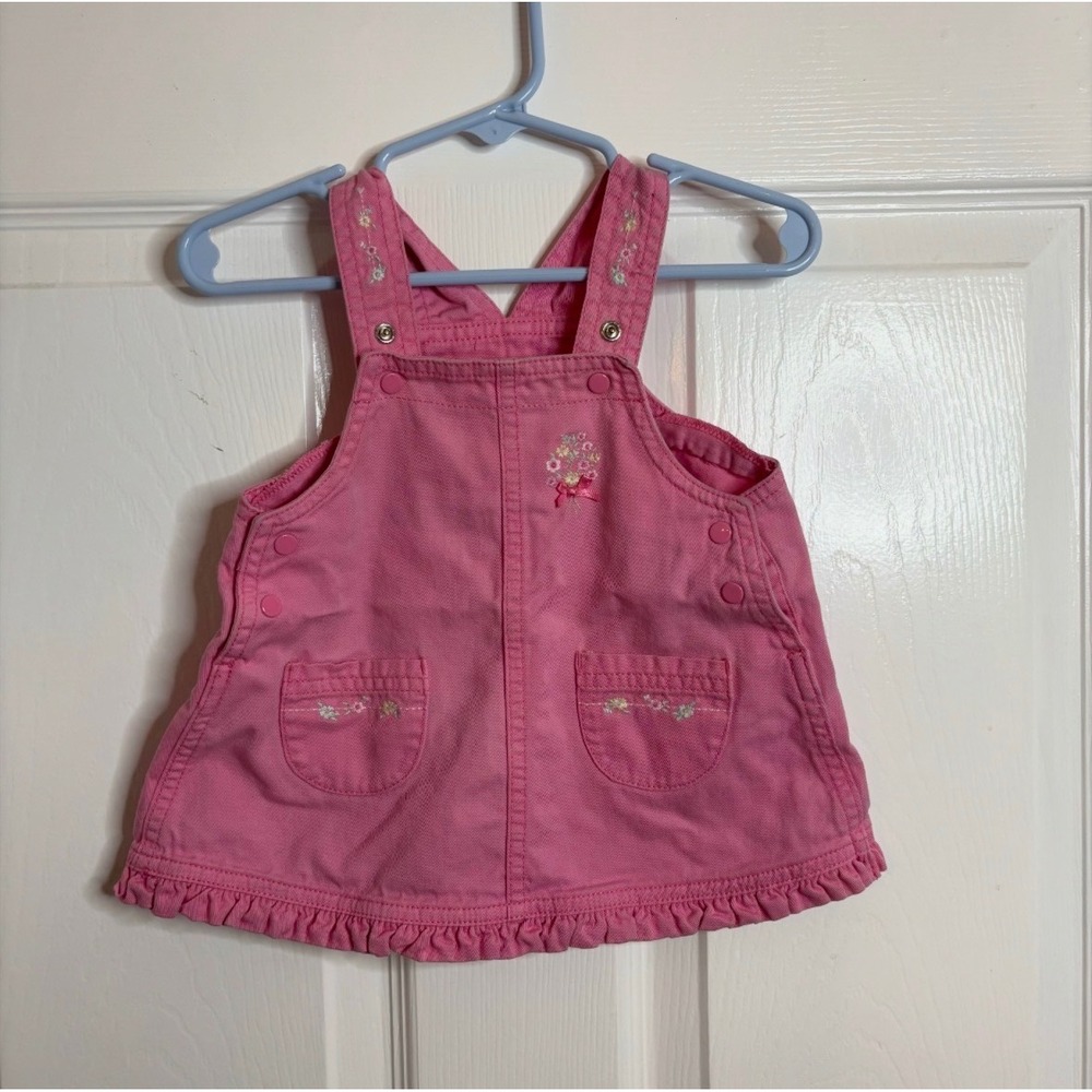 Child of Mine by Carters Pink Denim Floral Embroidered Jumper Dress 6-9 Months